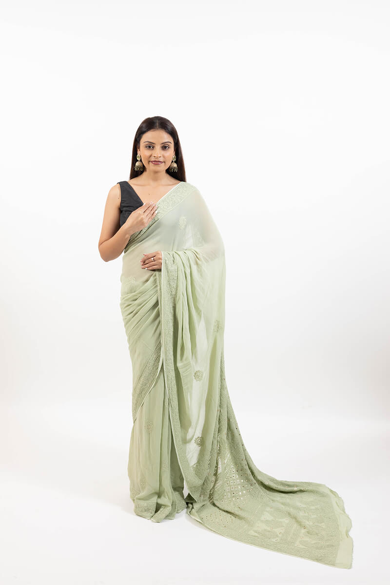 Pastel Green Georgette Saree with Mukesh Work & Resham Dhaga Embroidery