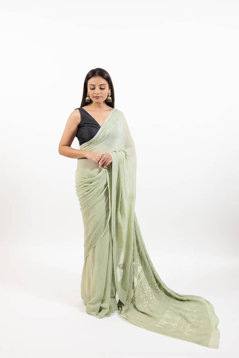 Pastel Green Georgette Saree with Mukesh Work & Resham Dhaga Embroidery