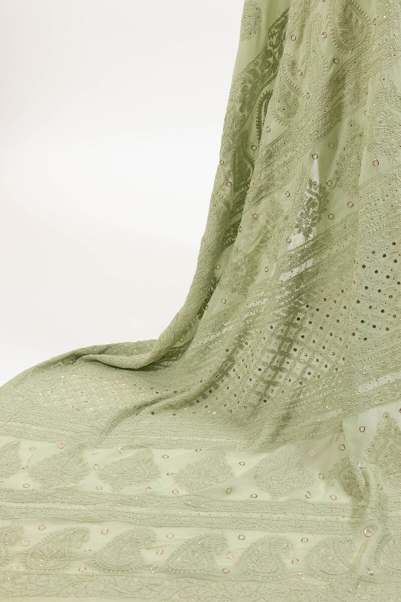 Pastel Green Georgette Saree with Mukesh Work & Resham Dhaga Embroidery