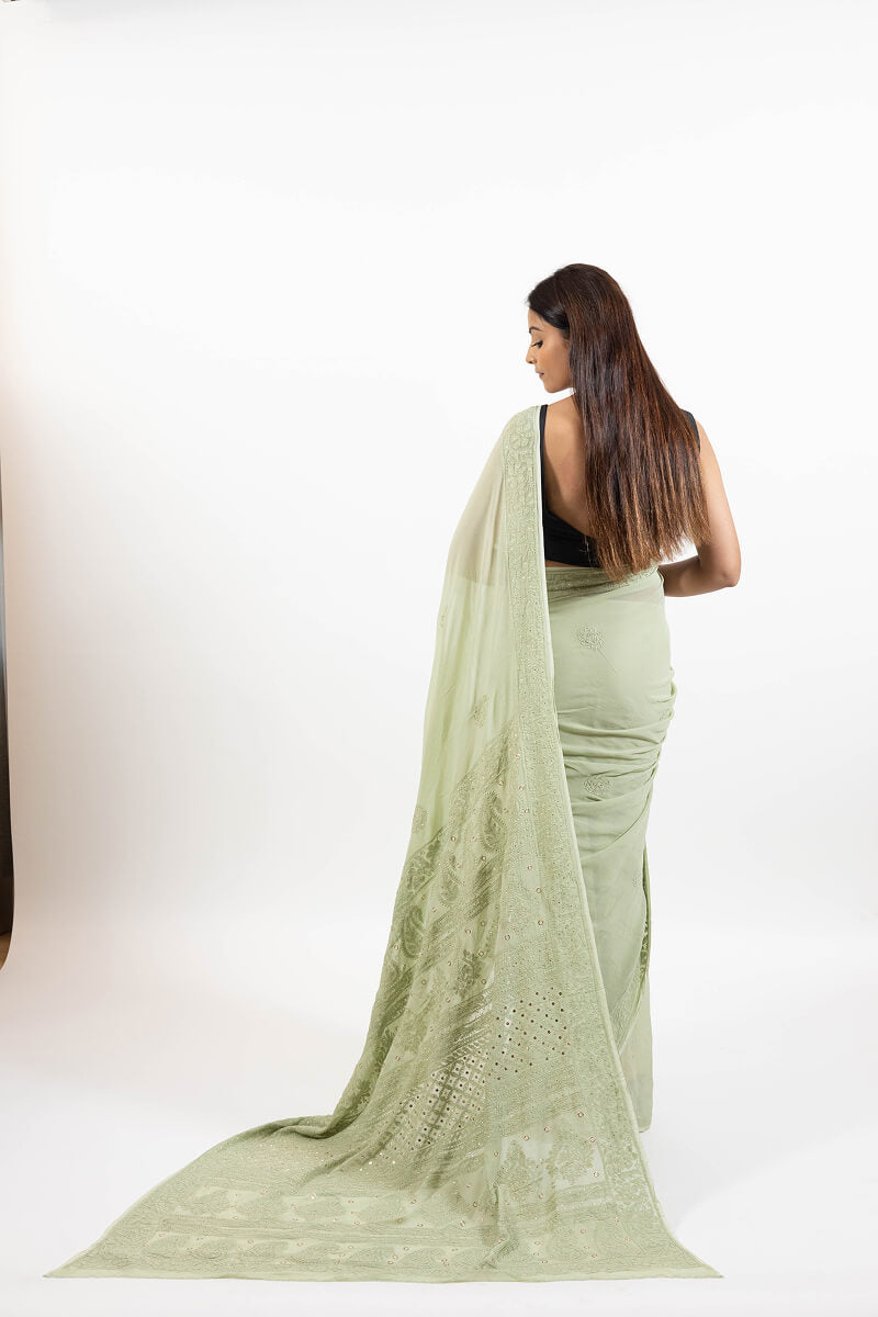 Pastel Green Georgette Saree with Mukesh Work & Resham Dhaga Embroidery