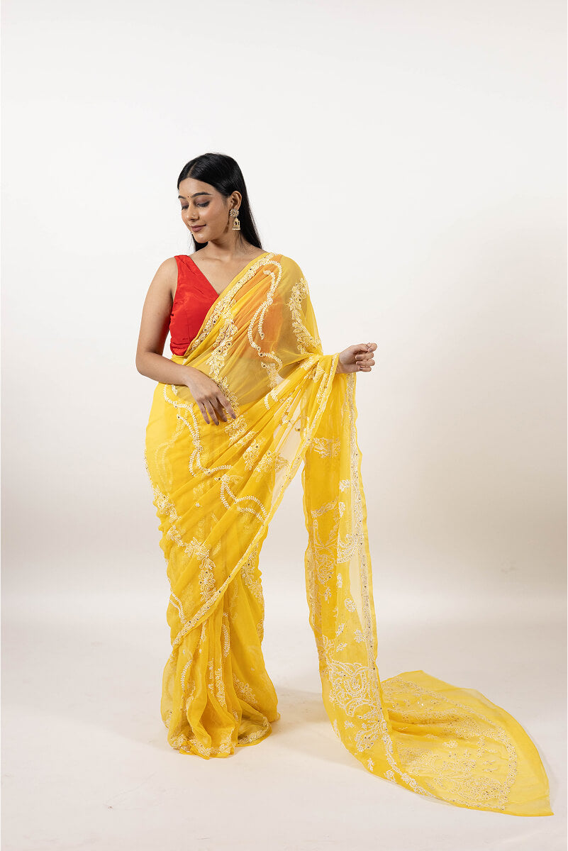 Yellow Georgette Saree with Mukesh Work & White Chikankari Embroidery