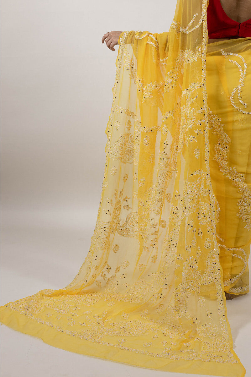Yellow Georgette Saree with Mukesh Work & White Chikankari Embroidery