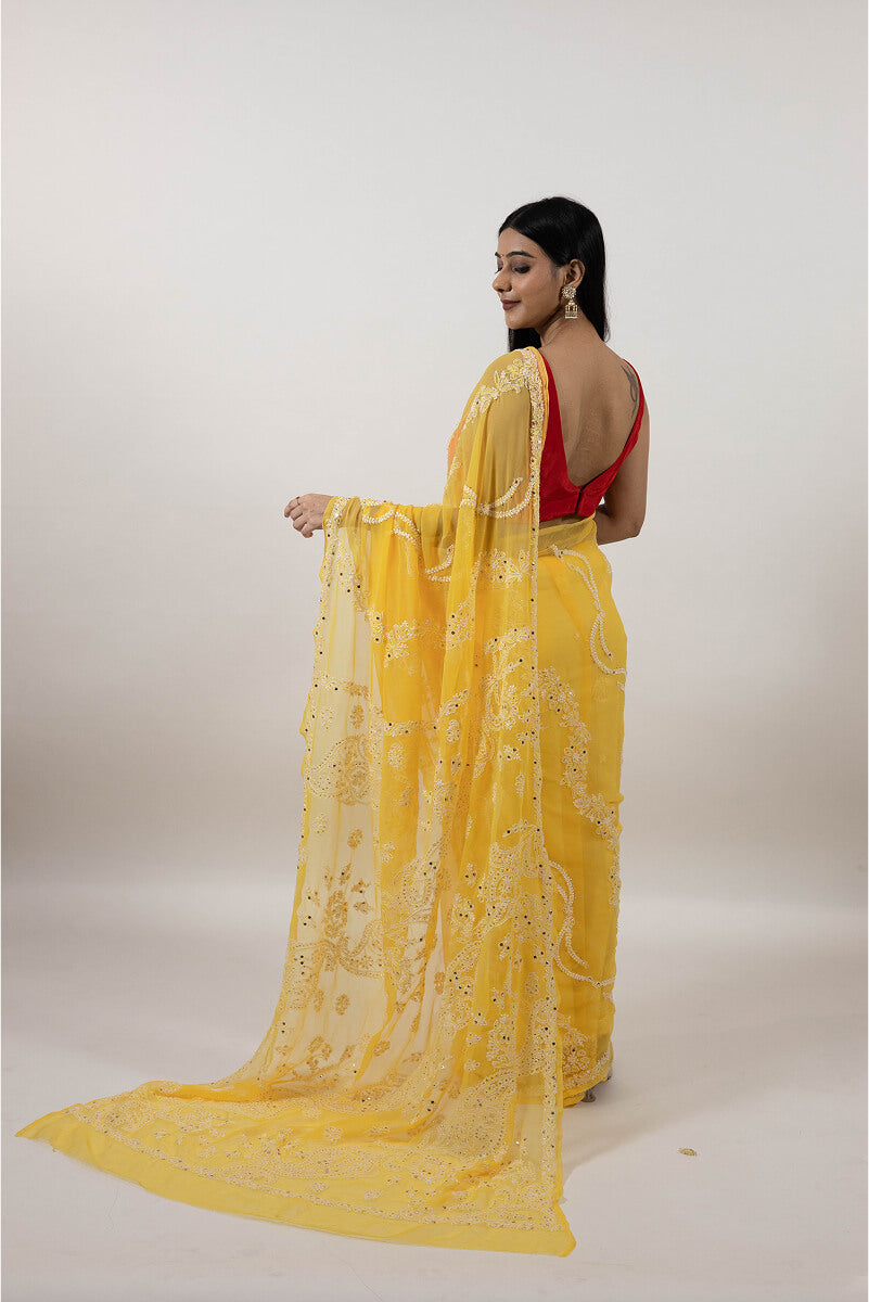 Yellow Georgette Saree with Mukesh Work & White Chikankari Embroidery