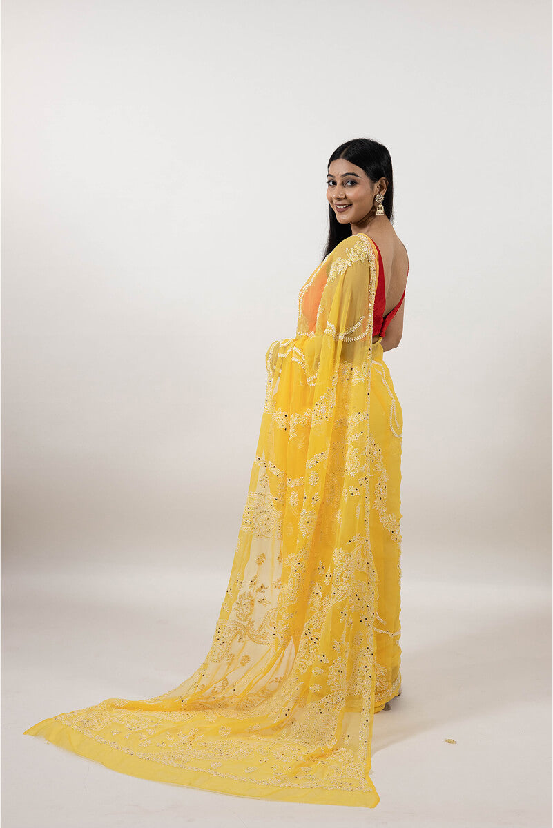 Yellow Georgette Saree with Mukesh Work & White Chikankari Embroidery