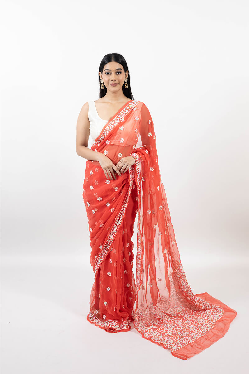 Carrot Red Tissue Saree with Mukesh Work & White Chikankari Embroidery