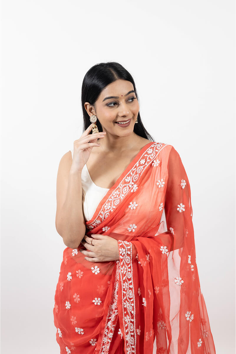 Carrot Red Tissue Saree with Mukesh Work & White Chikankari Embroidery
