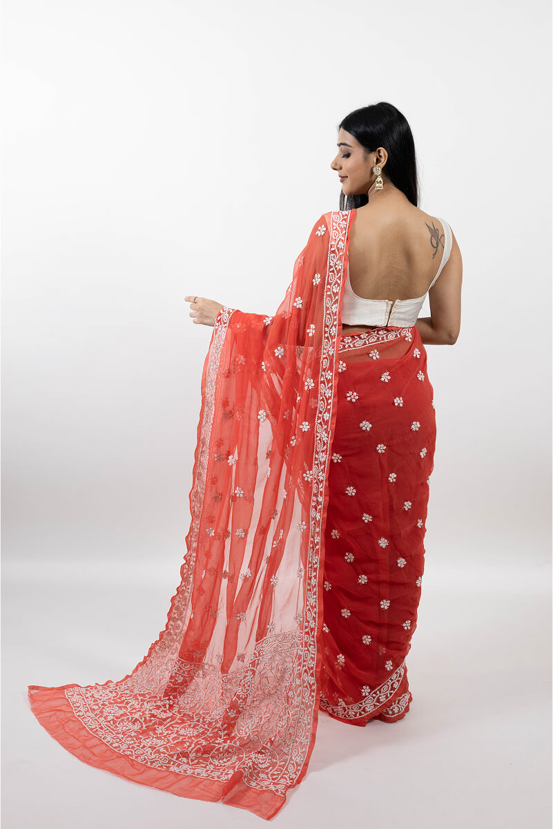 Carrot Red Tissue Saree with Mukesh Work & White Chikankari Embroidery