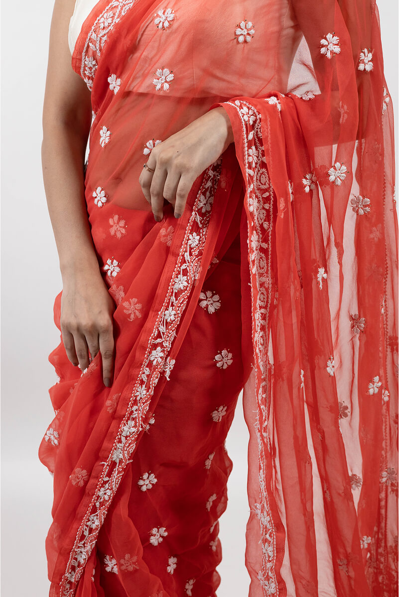 Carrot Red Tissue Saree with Mukesh Work & White Chikankari Embroidery
