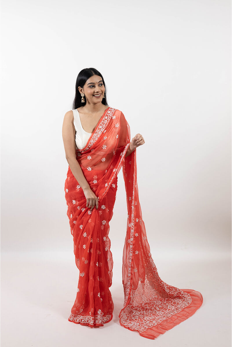 Carrot Red Tissue Saree with Mukesh Work & White Chikankari Embroidery