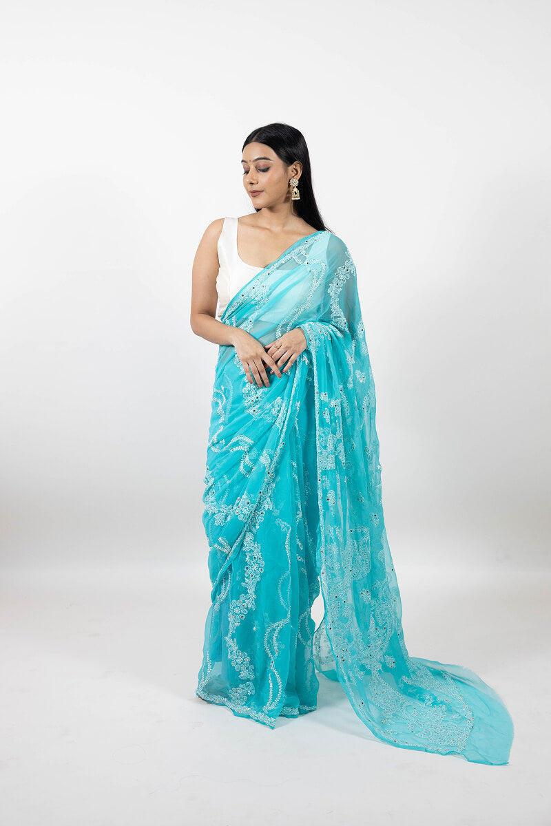 Aqua Blue Chikankari Saree with Mukesh Work