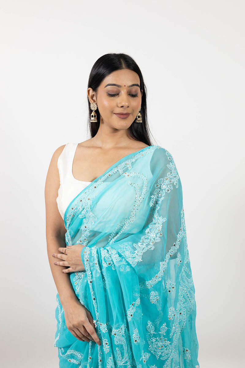 Aqua Blue Chikankari Saree with Mukesh Work