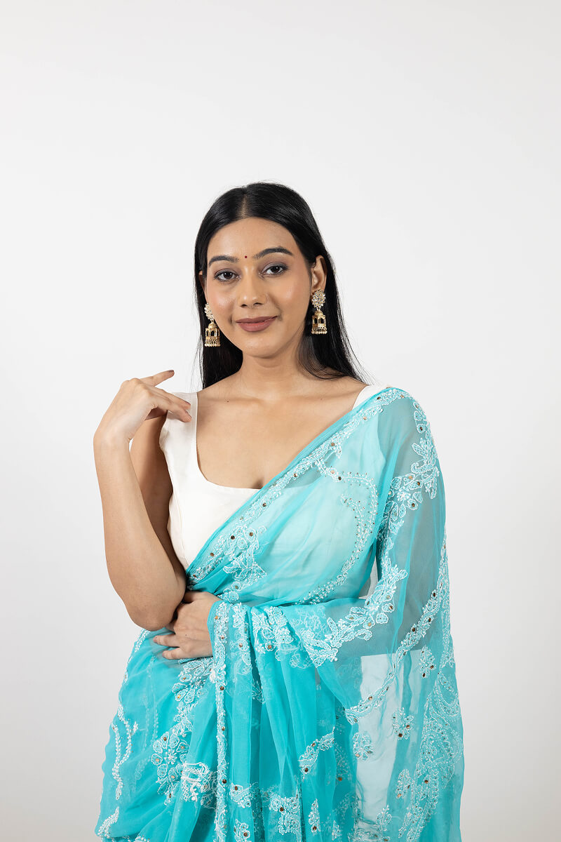 Aqua Blue Chikankari Saree with Mukesh Work