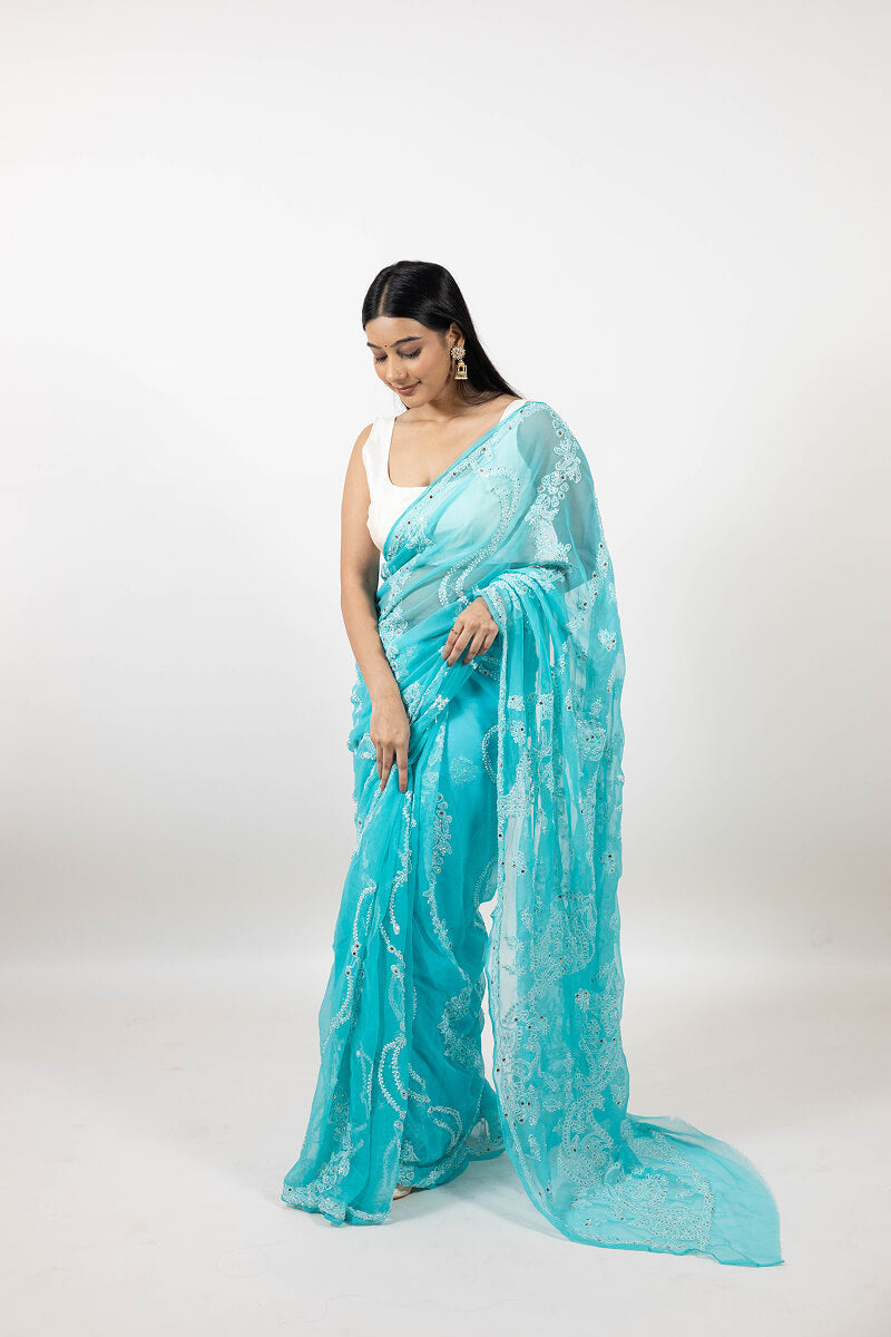 Aqua Blue Chikankari Saree with Mukesh Work