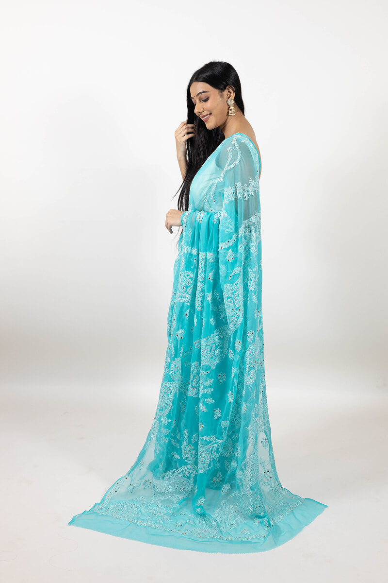 Aqua Blue Chikankari Saree with Mukesh Work