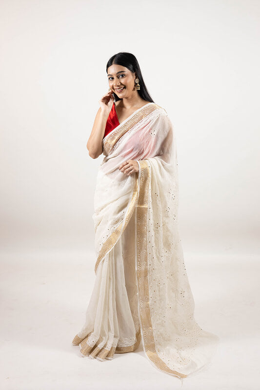 White Mul Cotton Saree with Elegant Mukesh Work