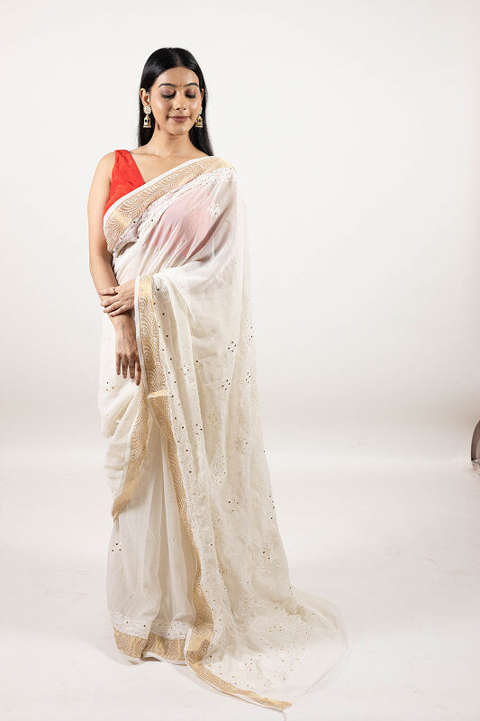 White Mul Cotton Saree with Elegant Mukesh Work
