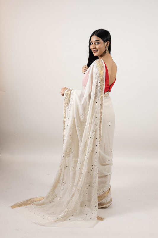 White Chanderi Silk Saree with Elegant Mukesh Work