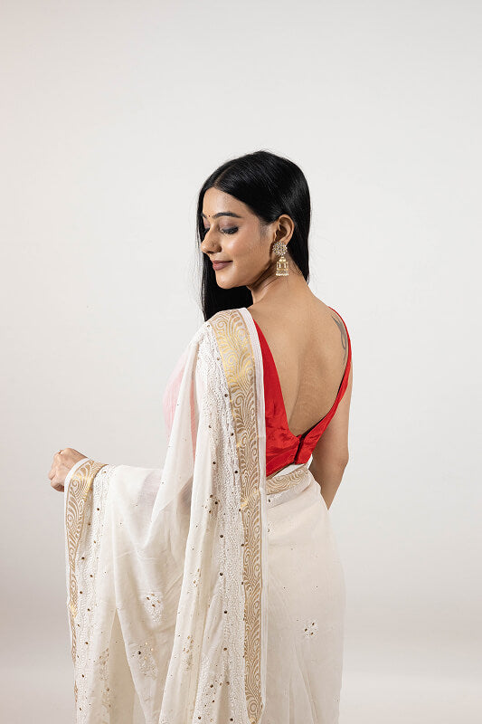 White Chanderi Silk Saree with Elegant Mukesh Work
