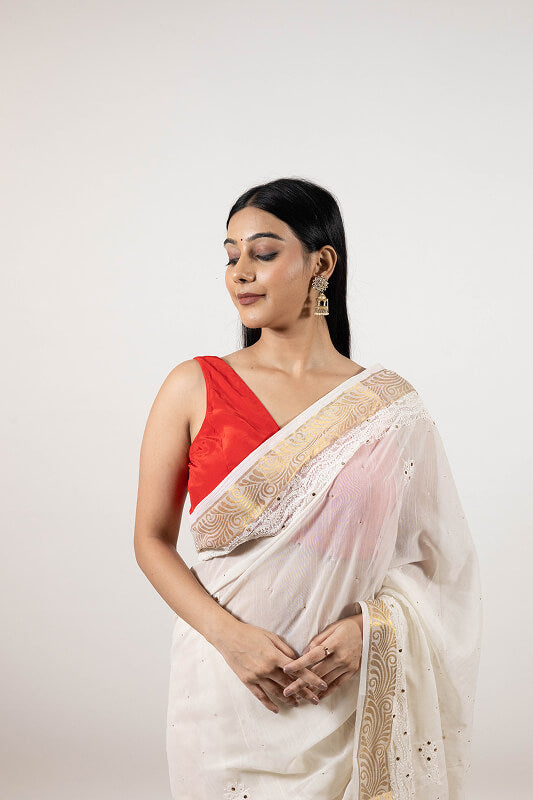 White Mul Cotton Saree with Elegant Mukesh Work