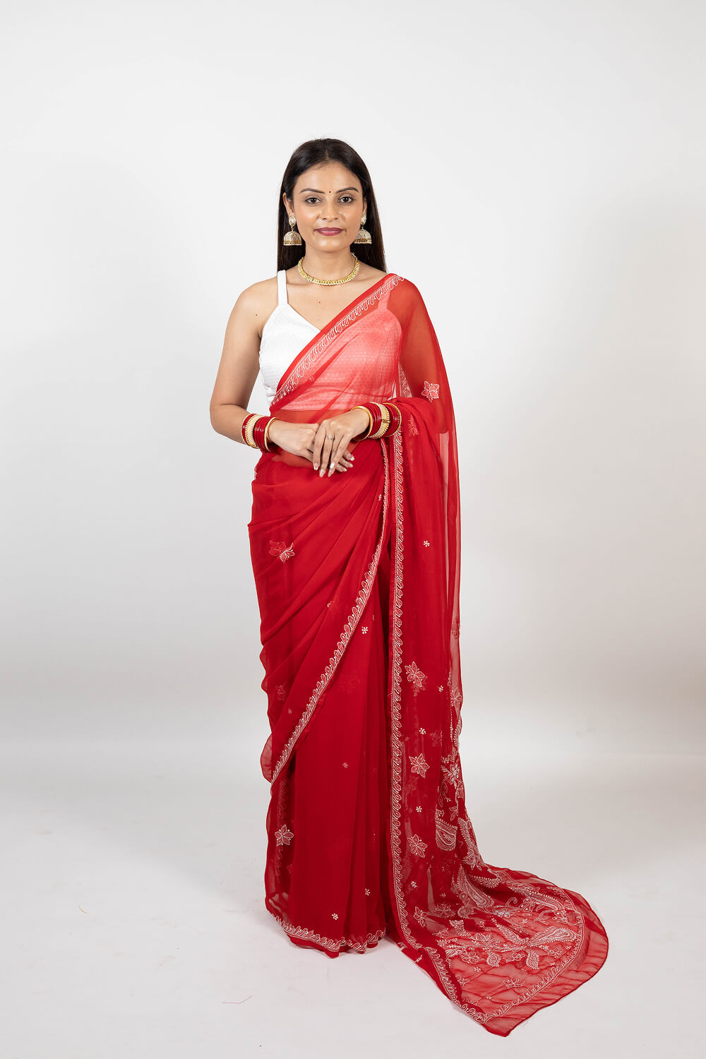 Red Georgette Saree with Pearl & Katdana Work
