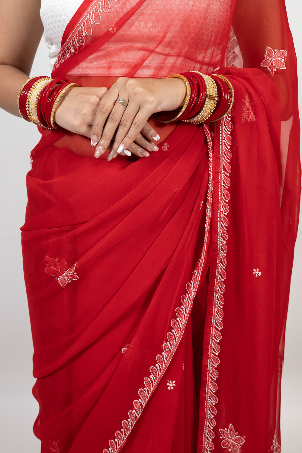 Red Georgette Saree with Pearl & Katdana Work