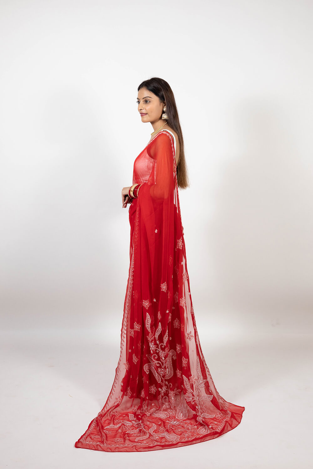 Red Georgette Saree with Pearl & Katdana Work