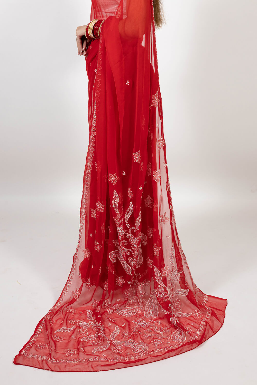 Red Georgette Saree with Pearl & Katdana Work