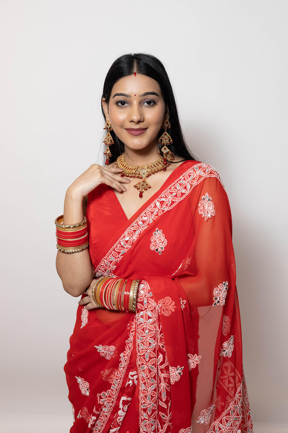Red Georgette Saree with Gotapatti Embroidery & Mirror Work