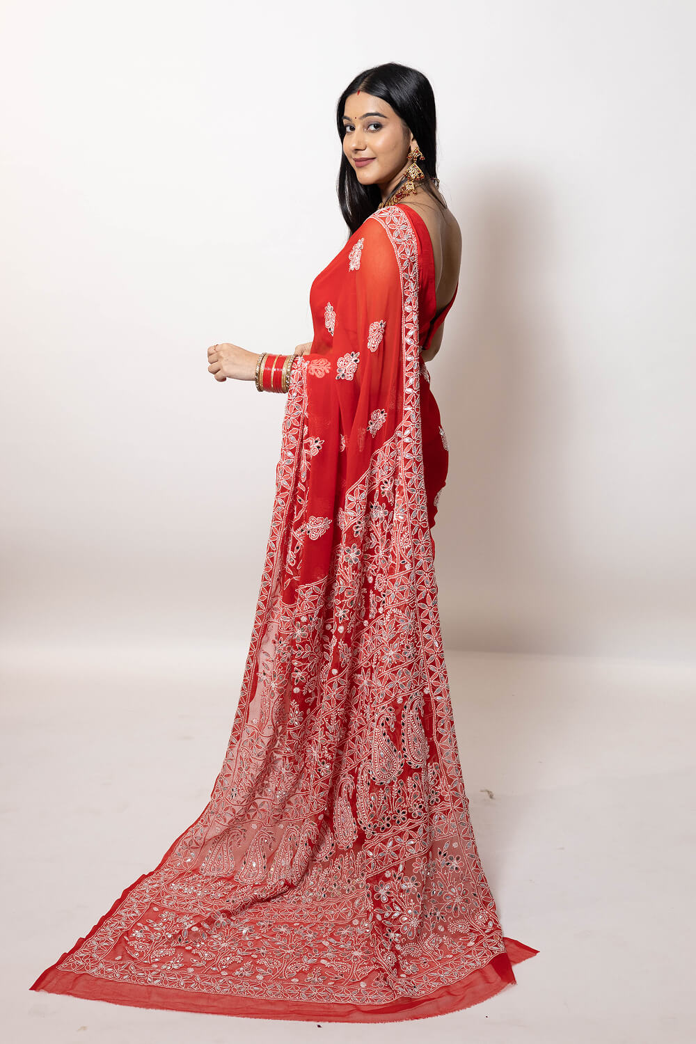 Red Georgette Saree with Gotapatti Embroidery & Mirror Work