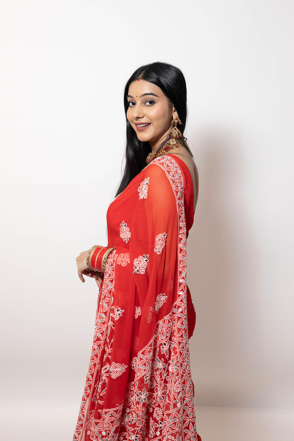 Red Georgette Saree with Gotapatti Embroidery & Mirror Work