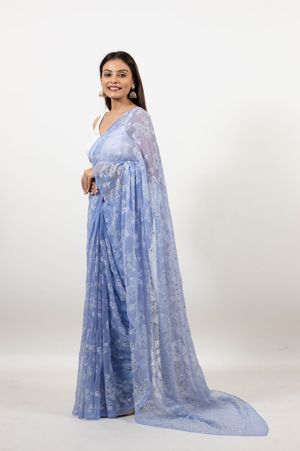 Lavender Blue Georgette Saree with Elegant Mukesh Work Embroidery