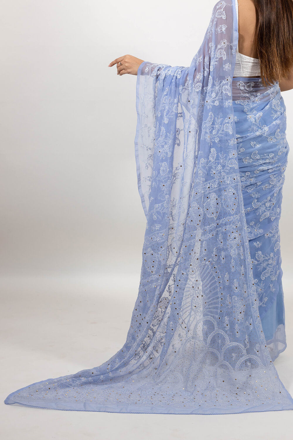 Lavender Blue Georgette Saree with Elegant Mukesh Work Embroidery