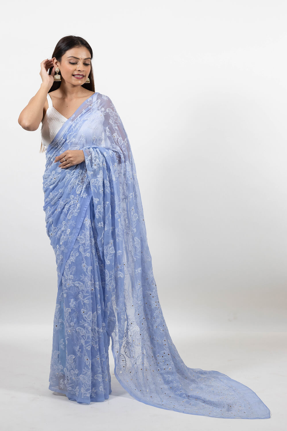 Lavender Blue Georgette Saree with Elegant Mukesh Work Embroidery