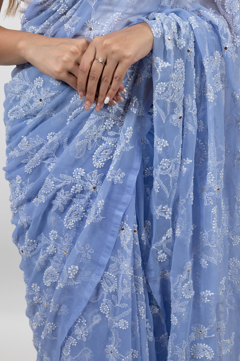 Lavender Blue Georgette Saree with Elegant Mukesh Work Embroidery