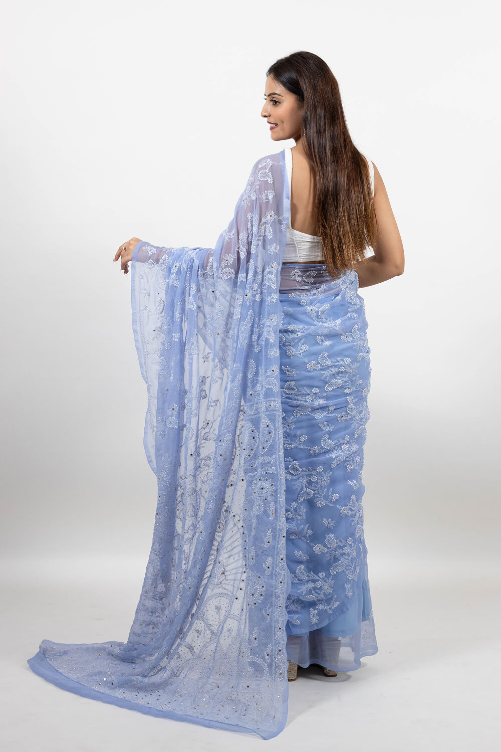 Lavender Blue Georgette Saree with Elegant Mukesh Work Embroidery