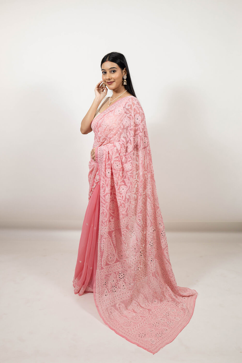 Pink Georgette Saree with Mukesh and Mirror Work & Chikankari Embroidery