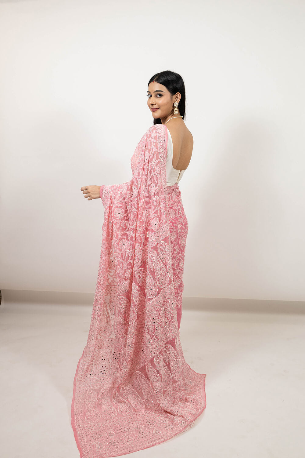 Pink Georgette Saree with Mukesh and Mirror Work & Chikankari Embroidery