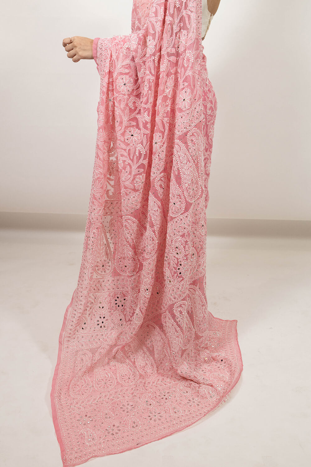 Pink Georgette Saree with Mukesh and Mirror Work & Chikankari Embroidery