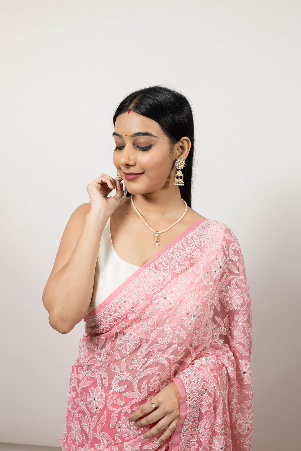Pink Georgette Saree with Mukesh and Mirror Work & Chikankari Embroidery