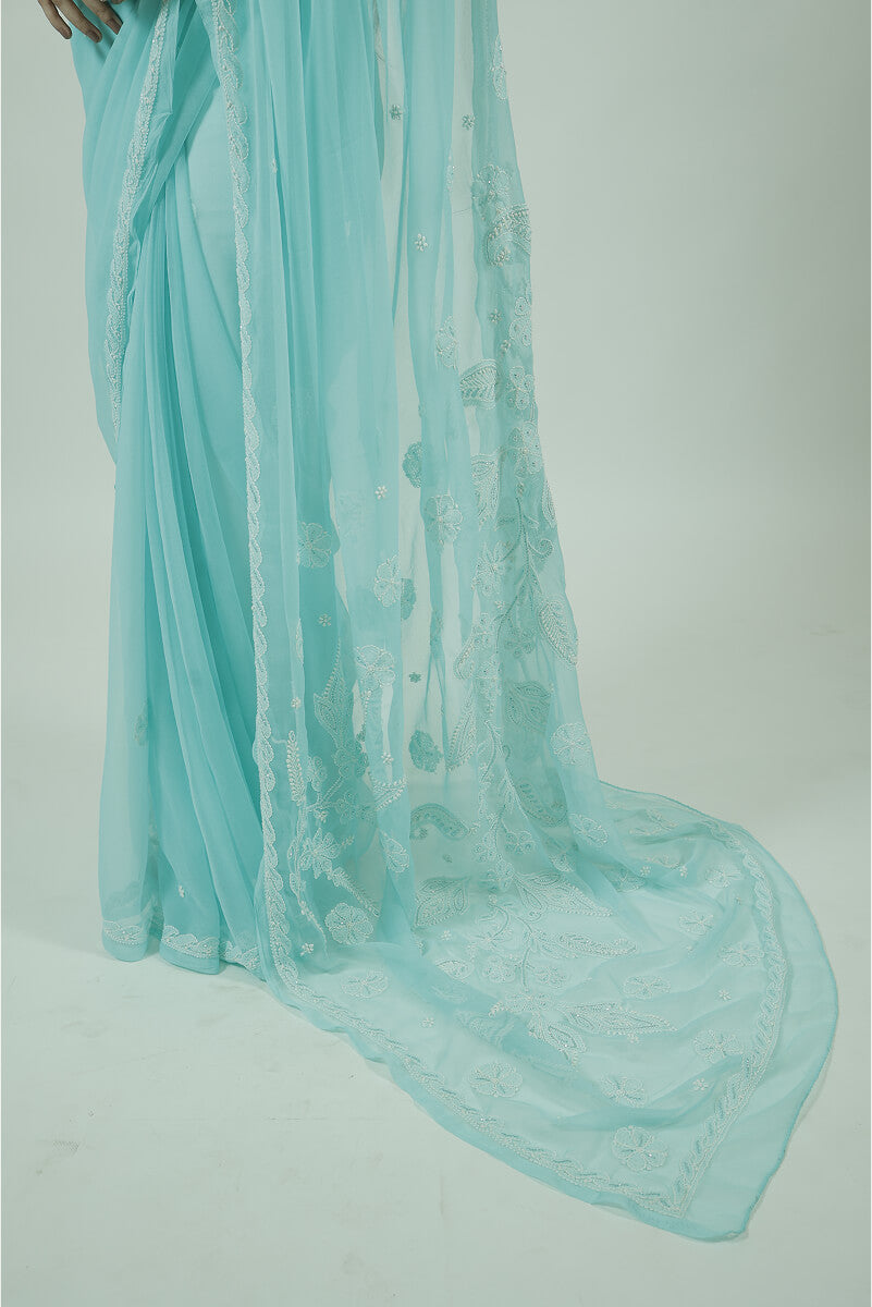Aqua Blue Georgette Saree with Pearl & Katdana Work
