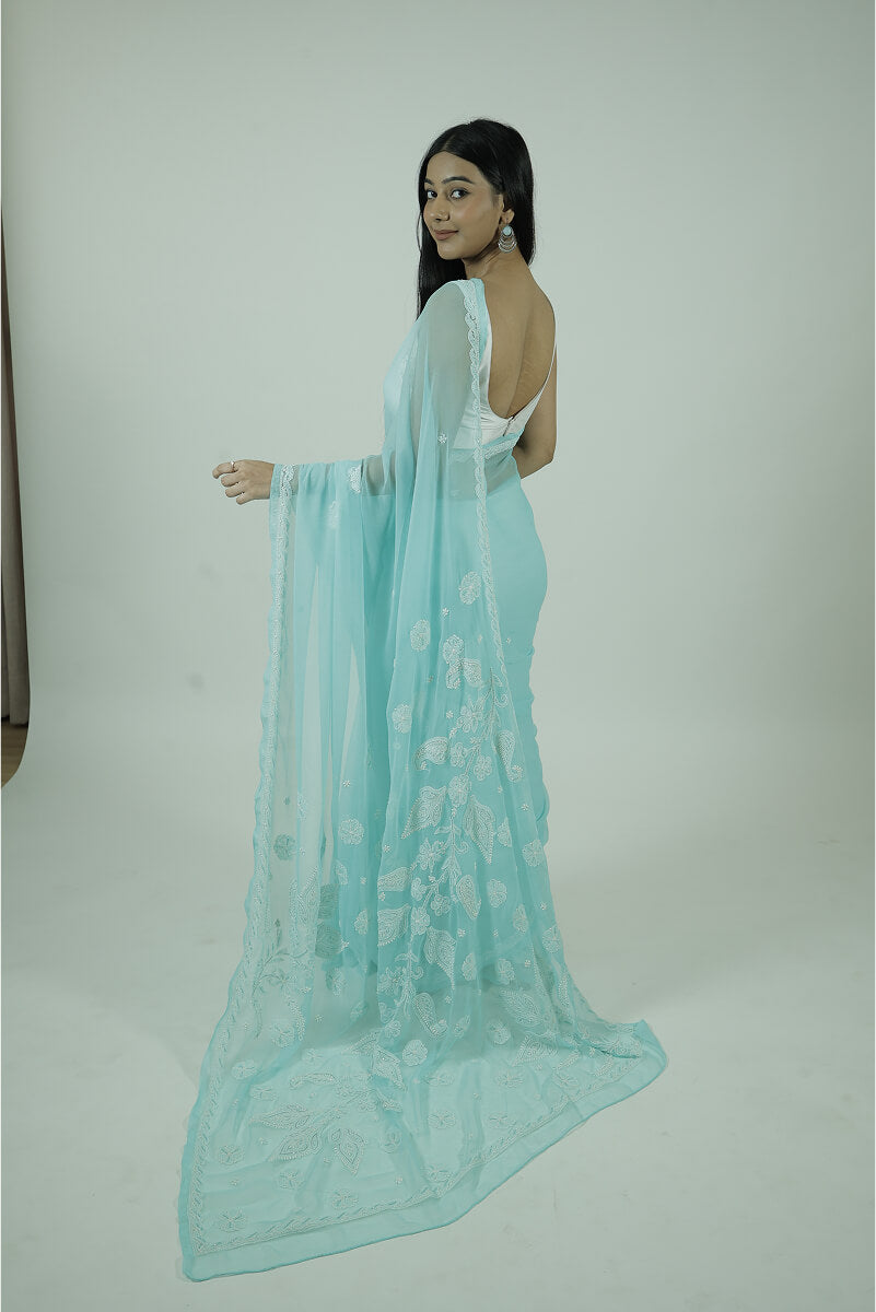 Aqua Blue Georgette Saree with Pearl & Katdana Work
