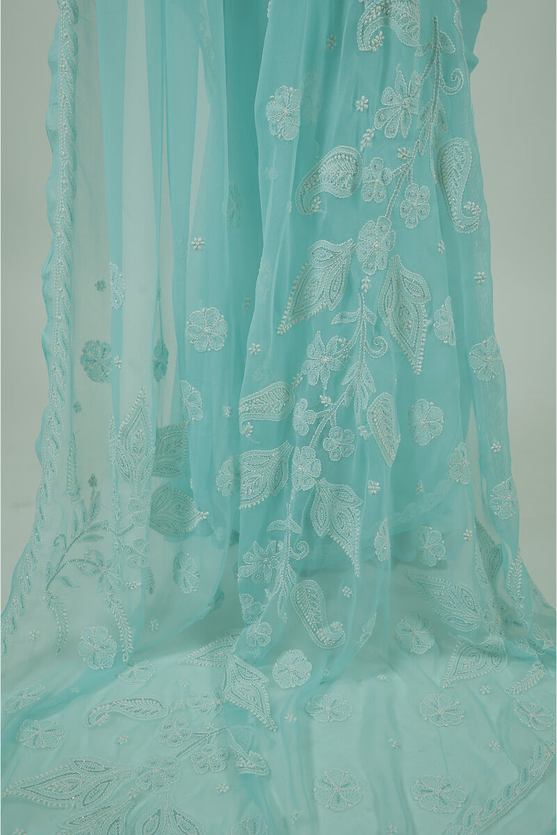 Aqua Blue Georgette Saree with Pearl & Katdana Work