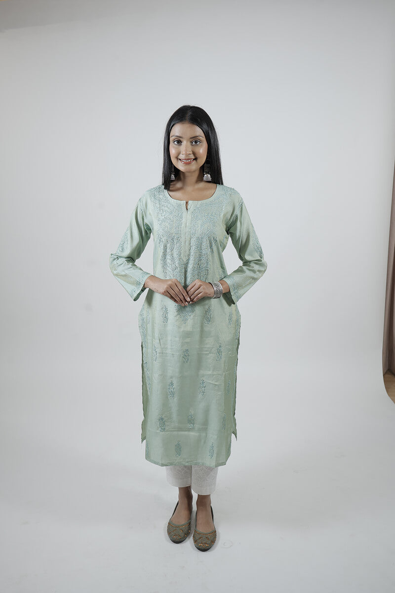 Mint Green Chanderi Silk Chikankari Kurti