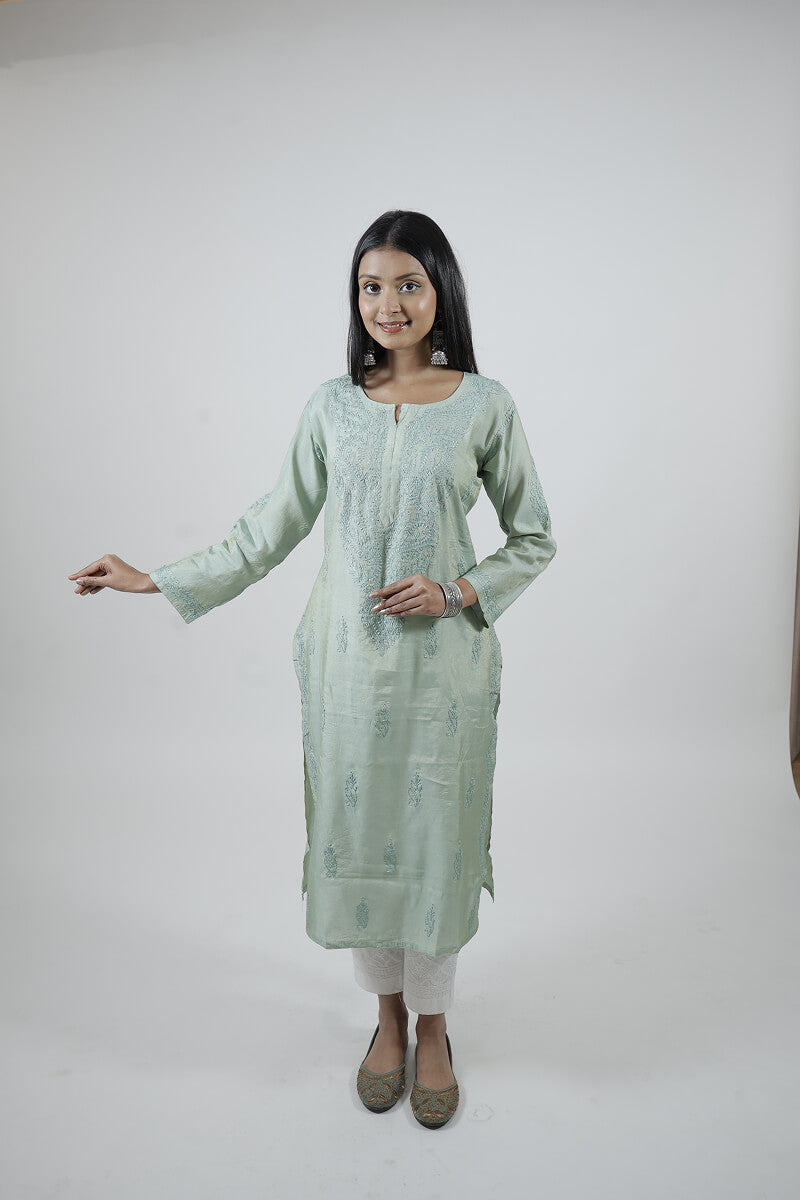 Mint Green Chanderi Silk Chikankari Kurti