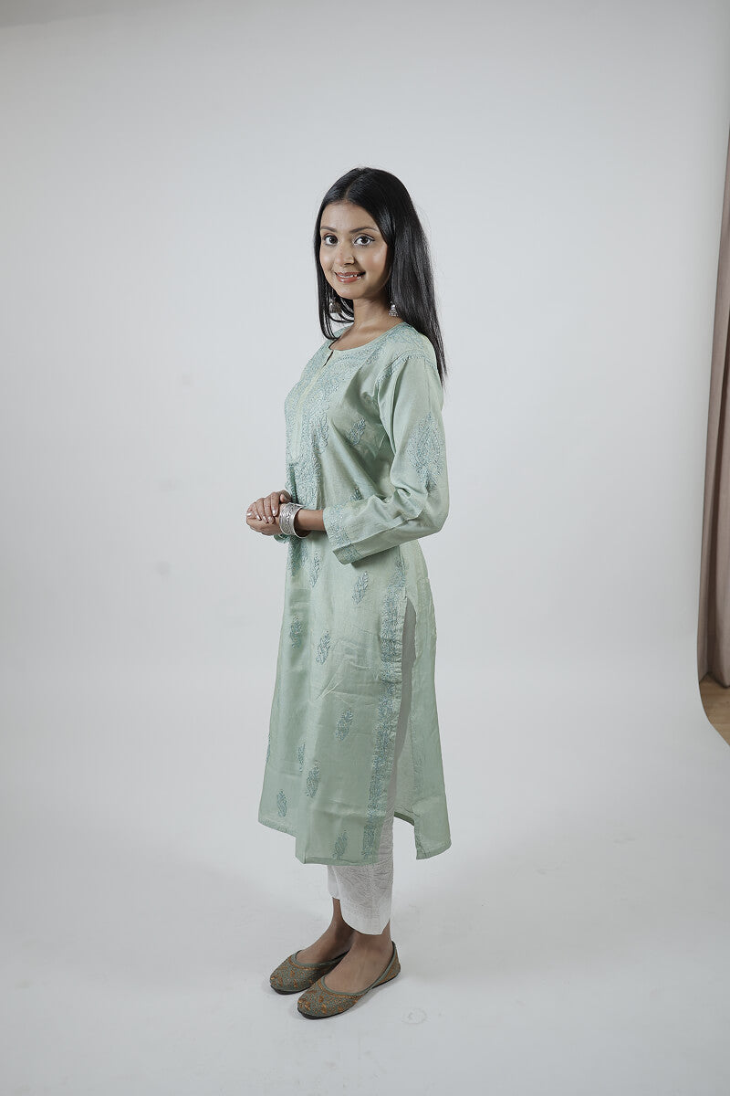 Mint Green Chanderi Silk Chikankari Kurti
