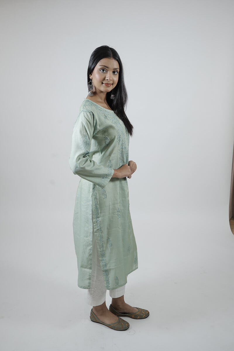 Mint Green Chanderi Silk Chikankari Kurti