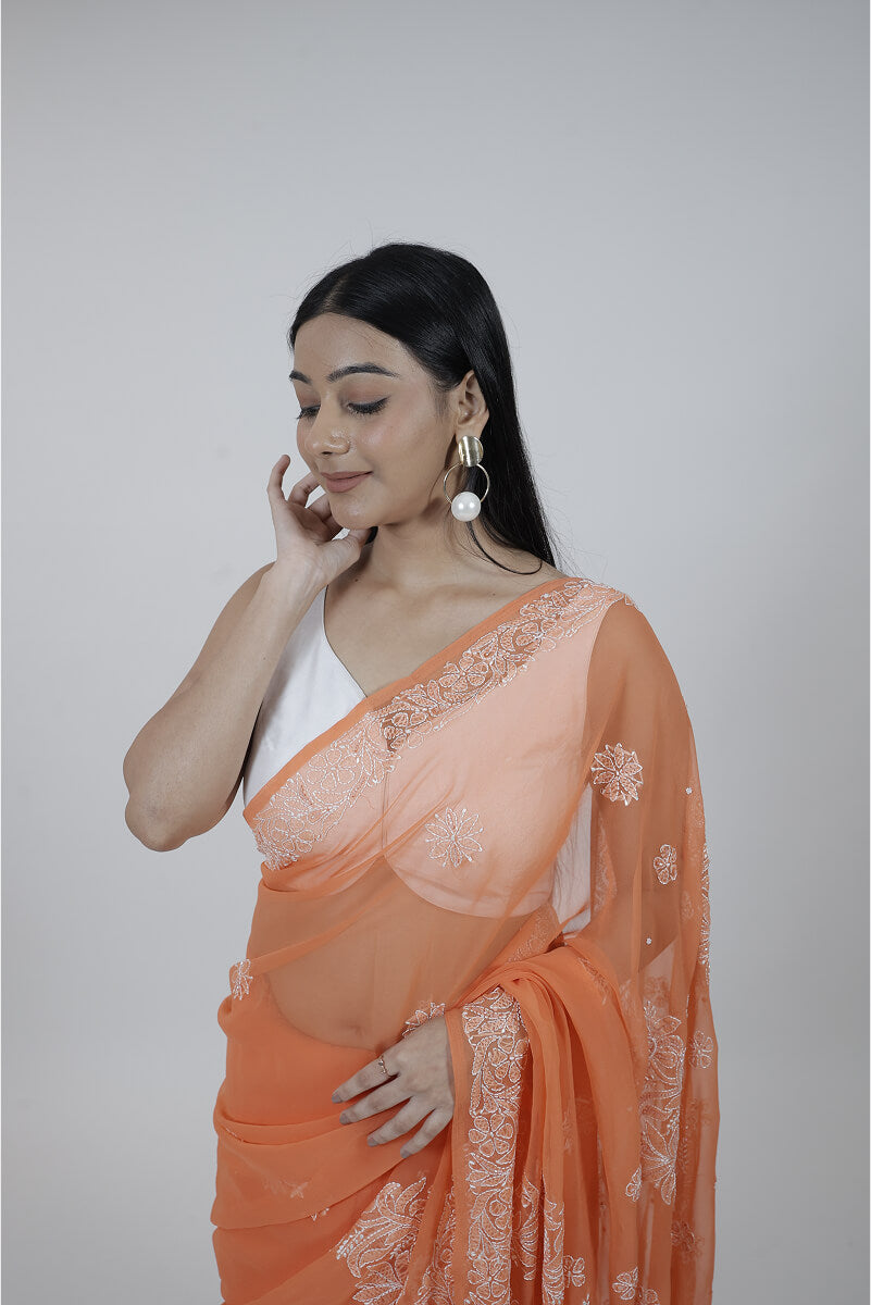Orange Georgette Saree with Pearl & Katdana Work