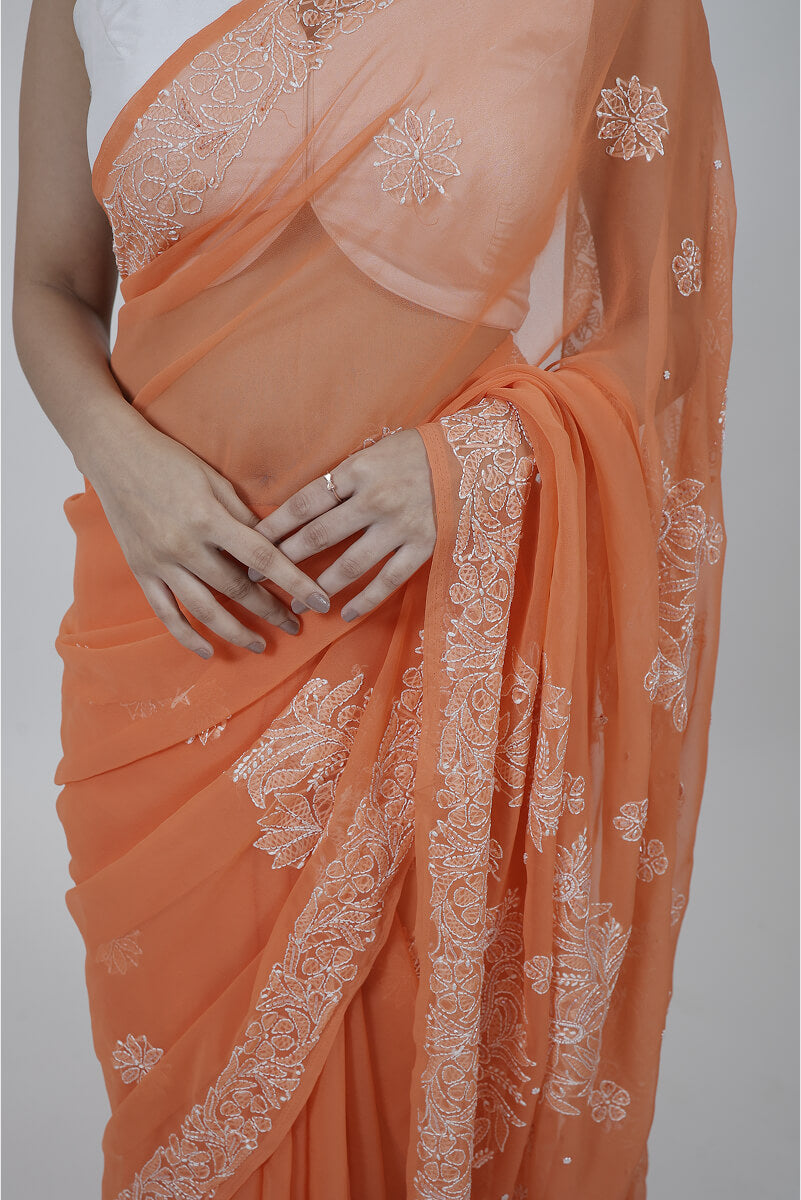 Orange Georgette Saree with Pearl & Katdana Work