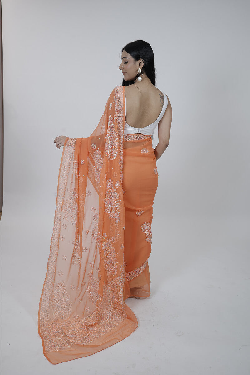Orange Georgette Saree with Pearl & Katdana Work