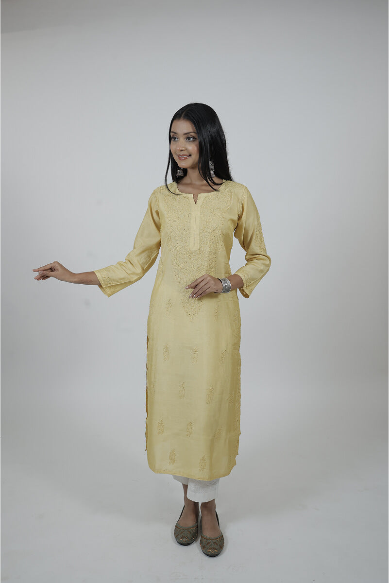 Sunshine Yellow Chanderi Silk Chikankari Kurti